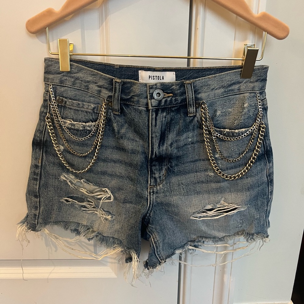 Pistola High Rise Denim Shorts with Chain Detail